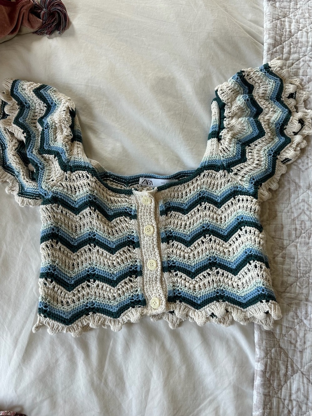 Zara Cropped Knit Button-Front Top in Cream, Blue & Teal